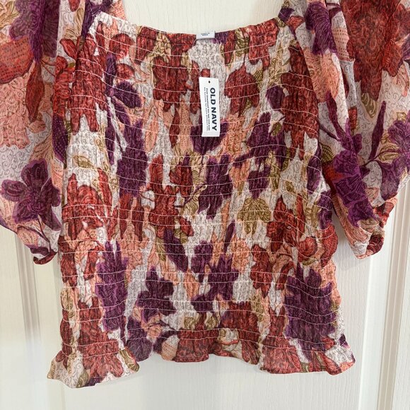 Old Navy Smocked Blouse Puff Sleeve Peasant Top Autumn Leaves Print Size Large - Picture 6 of 7